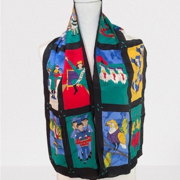 Vintage Christmas silk scarf with 12 days of Christmas designs. Oblong shape - Picture 1 of 5